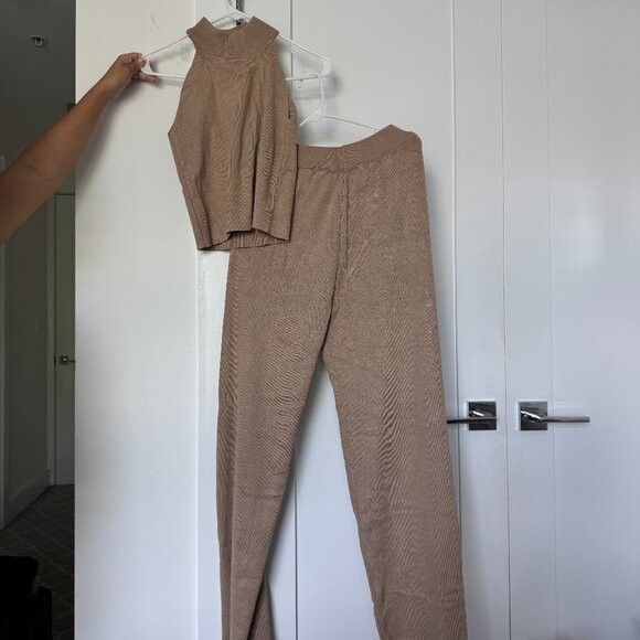 Brown knit set (cardigan, long pants, and halter top) - Picture 1 of 3